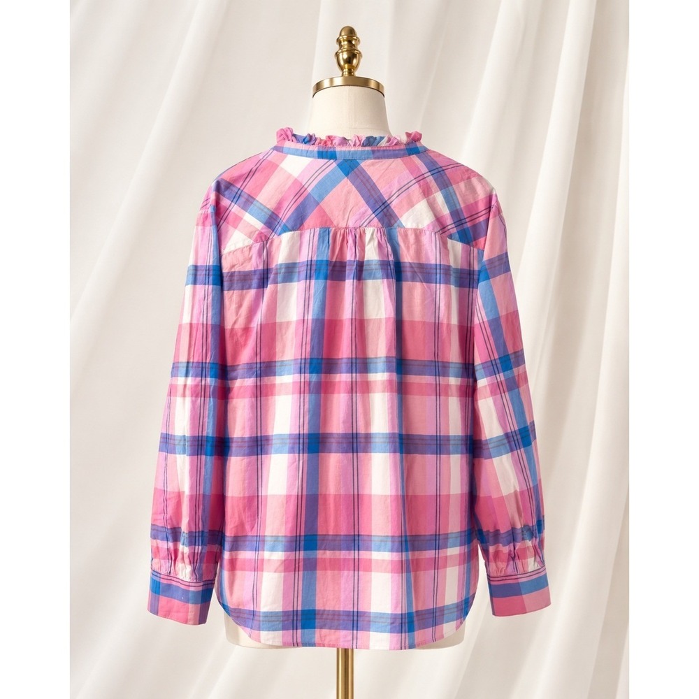 Talbots Popover‎ Top Blouse Pink Plaid Ruffle Henley V-neck Long Sleeve Size 2X - Picture 2 of 9